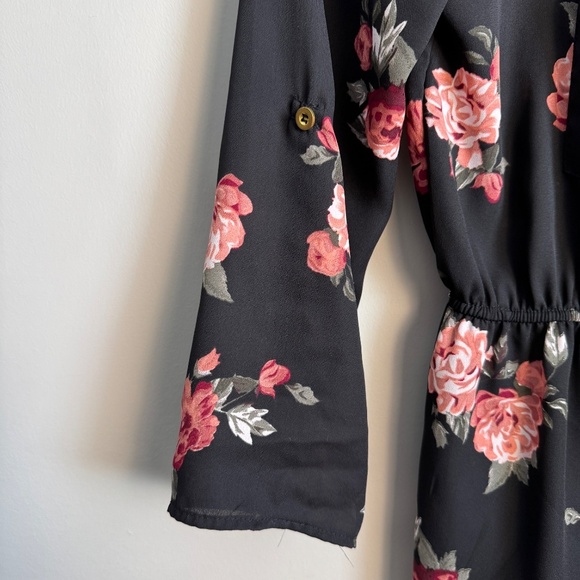 Stella Tweed 1/2 Zip Floral Long Sleeve Satin Peplum Blouse‎ Black Elastic Waist - Picture 2 of 16